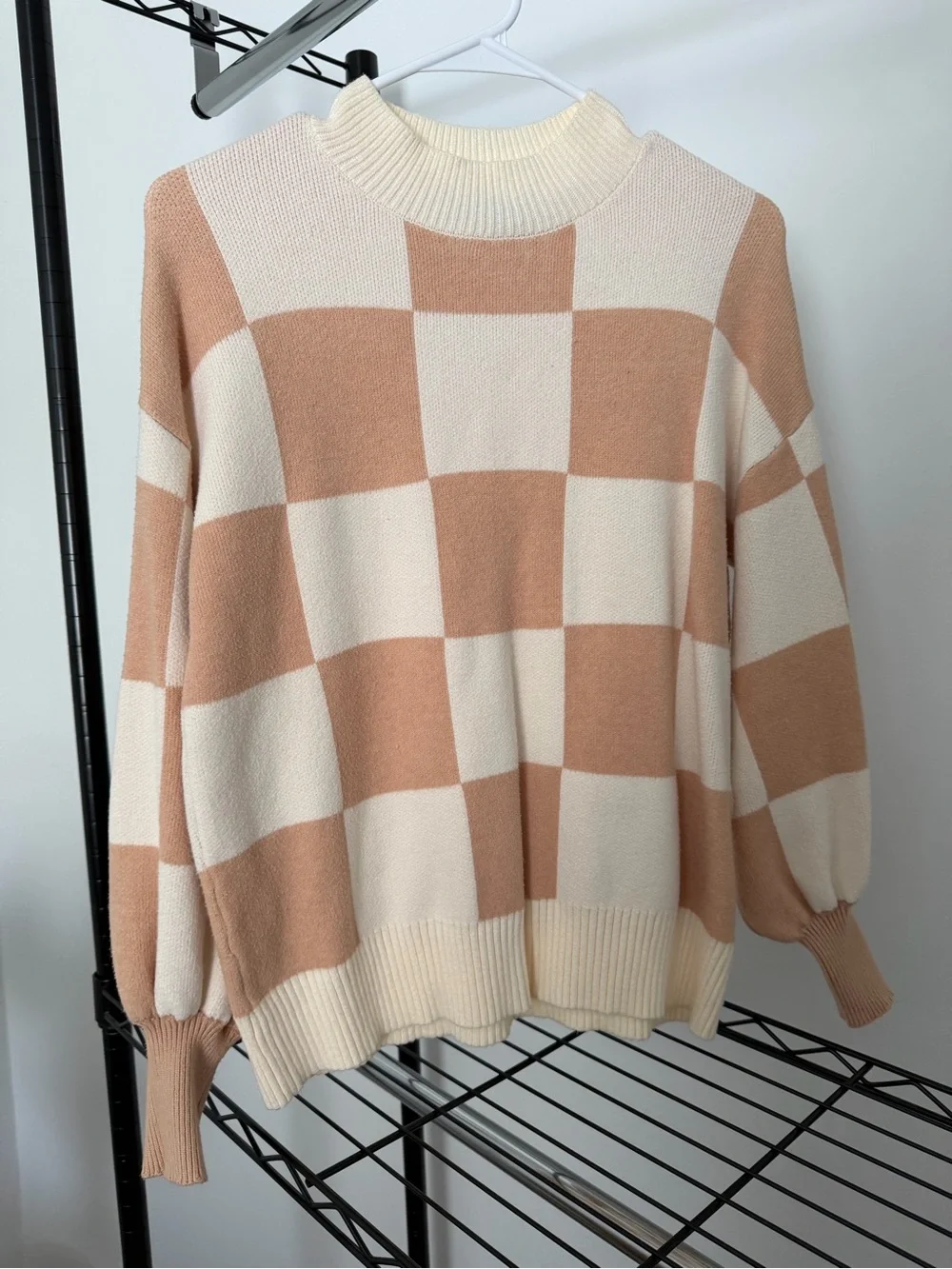 Checkerboard Mock Neck Sweater - Cream & Tan
